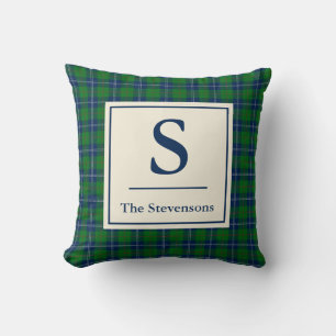 Green Tartan Plaid Monogram Family Name  Throw Pillow