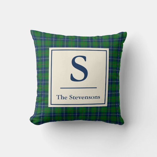 Green Tartan Plaid Monogram Family Name  Throw Pillow (Front)
