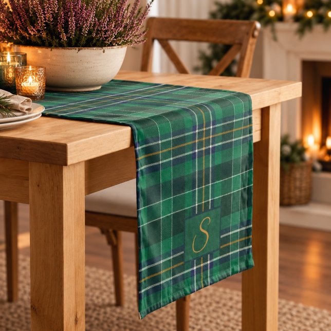 Green Tartan Plaid Monogram Short Table Runner (Creator Uploaded)