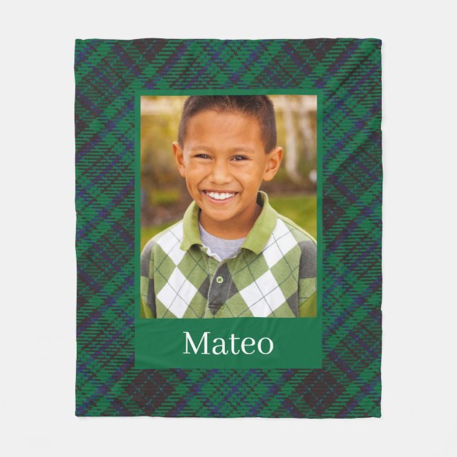 Green Tartan Plaid Pattern Custom Photo Fleece Blanket (Front)