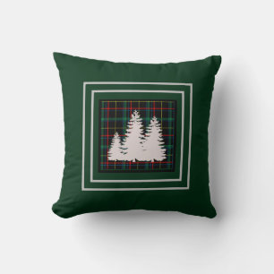 Green Tartan  Plaid Pine Tree  Silhouette Throw Pillow