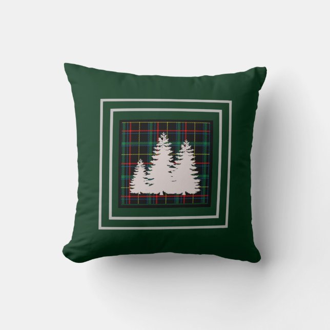 Green Tartan  Plaid Pine Tree  Silhouette Throw Pillow (Front)