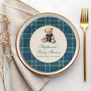 Green Tartan Plaid Vintage Teddy Bear Baby Shower Paper Plates