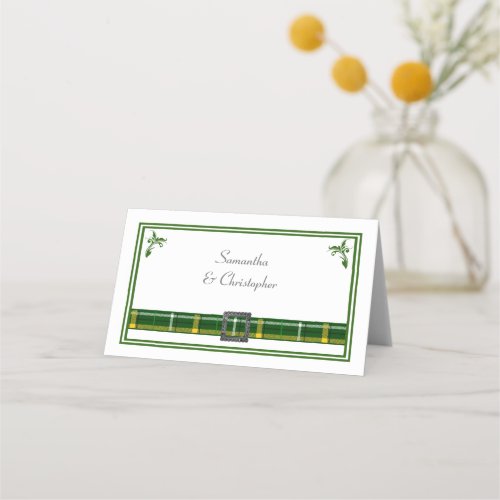 Green tartan plaid wedding place card