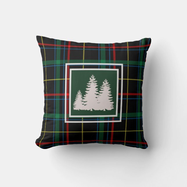 Green Tartan Plaid  white  Pine Tree  Silhouette Throw Pillow (Front)