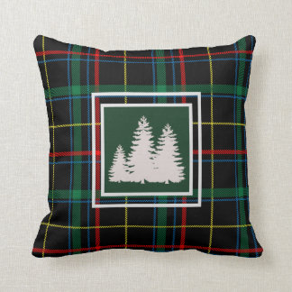 Green Tartan Plaid white Pine Tree Silhouette Throw Pillow