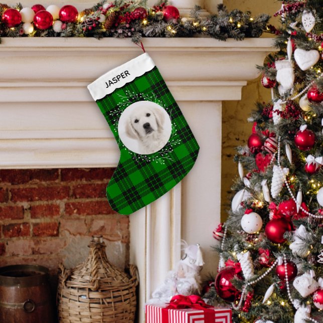 Green Tartan Plaid Winter Wreath Pet Dog Photo Small Christmas Stocking (Photo green tartan plaid pet photo Christmas stocking)