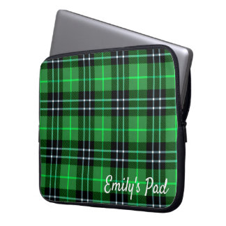 Green Tartan Plaid With Name Laptop Sleeve