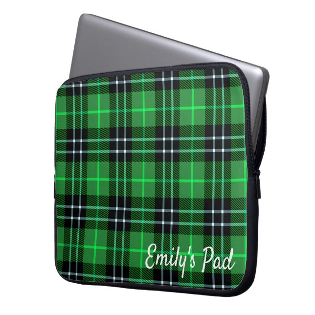 Green Tartan Plaid With Name  Laptop Sleeve (Front Left)