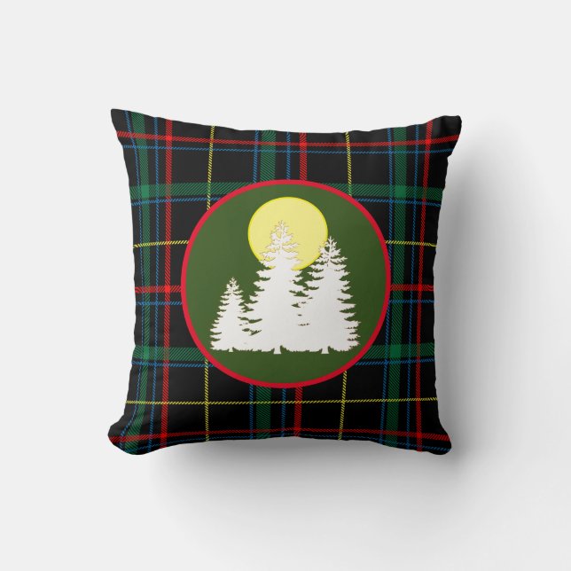 Green Tartan Plaid  With  Pine Tree  Silhouette Th Throw Pillow (Front)