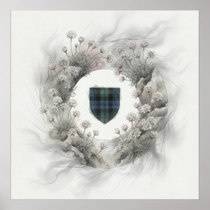 Green Tartan Shield Scottish Wildflower Wreath Art Poster