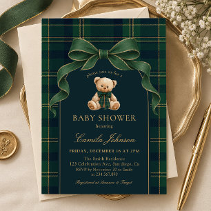 Green Tartan Teddy Bear Baby Shower Invitation