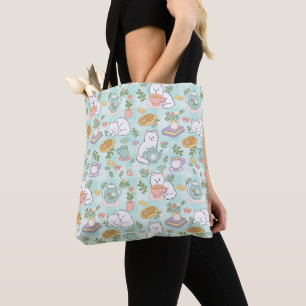 Green Tea & Bookish Cats Cute Girl Pastel Tote Bag