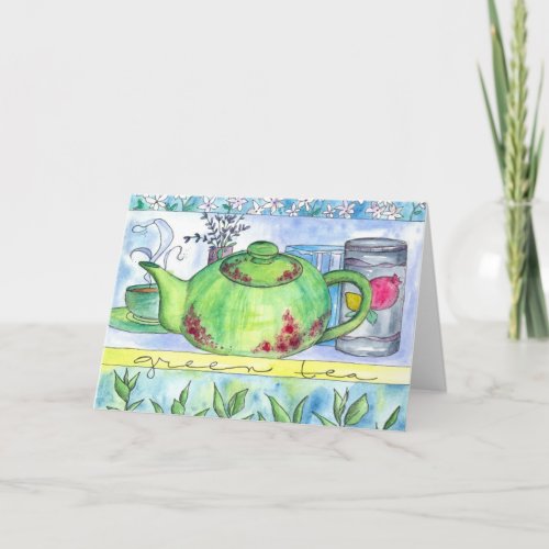 Green Tea Illustration Lavender Flowers Note Card