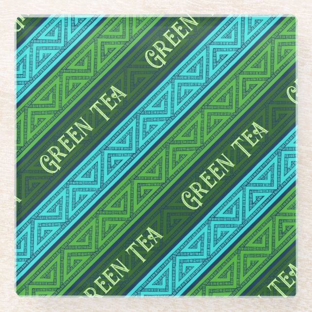 Green Tea Leafy Green & Aqua Blue Celtic Stripes Glass Coaster (Front)