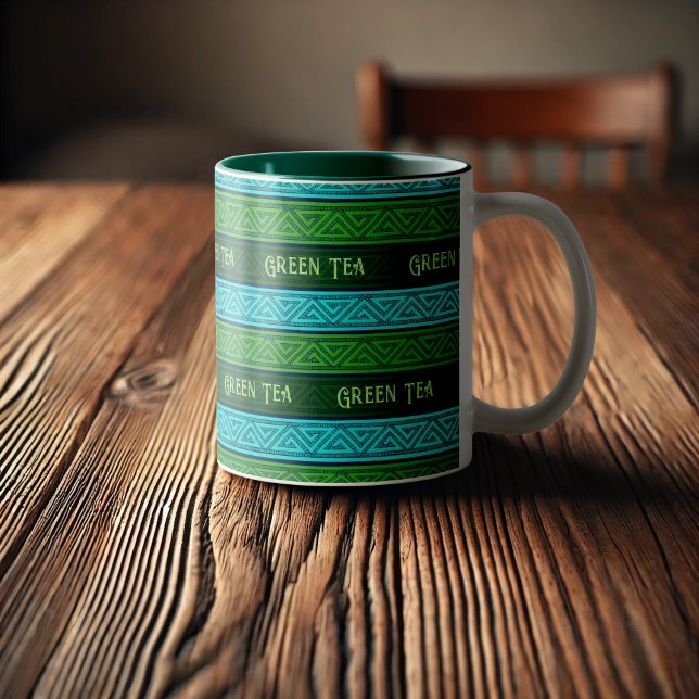 Green Tea Leafy Green & Aqua Blue Celtic Stripes Two-Tone Coffee Mug (Creator Uploaded)