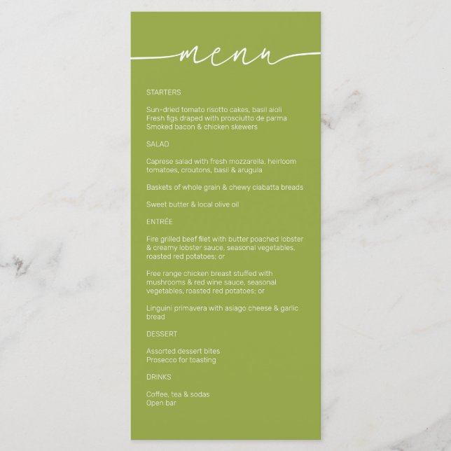 Green Tea • Modern Minimalist Script Wedding Menu (Front)