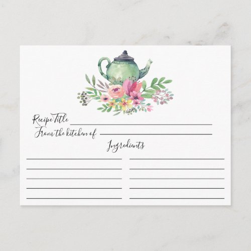 Green Tea Pot Floral Recipe Card