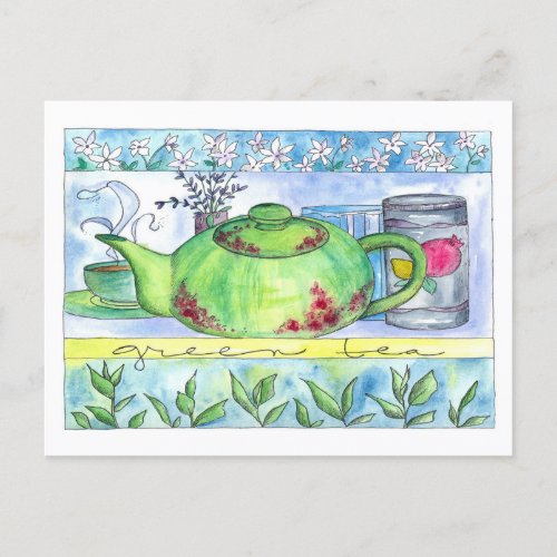Green Tea Time Teapot Jasmine Flowers  Postcard