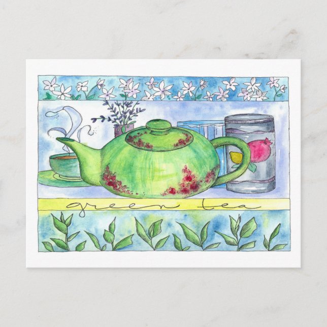 Green Tea Time Teapot Jasmine Flowers  Postcard (Front)