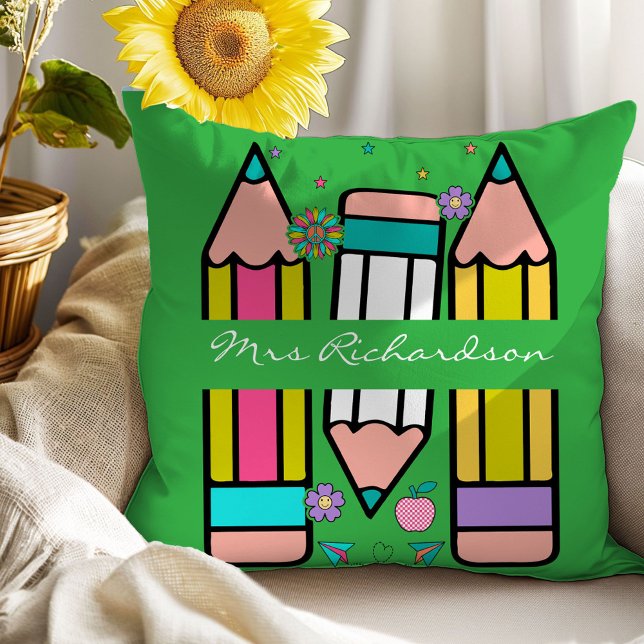 Green Teacher Colorful Pencil Name Throw Pillow (Creator Uploaded)