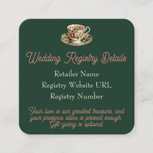 Green Teacup Berry in Love Wedding Registry Enclosure Card (Front)