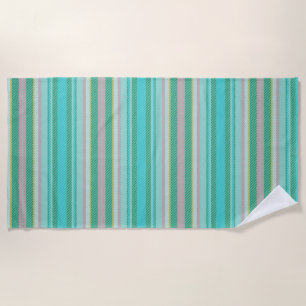 Green, Teal and Pink Abstract Geometric Stripes Beach Towel