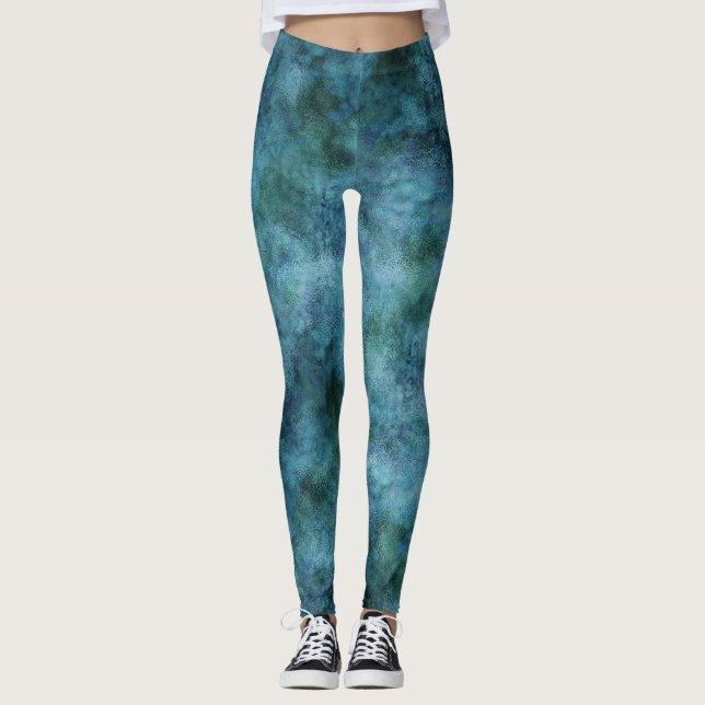 Green Teal Aqua Blue Earth Ocean Marble Abstract Leggings (Front)