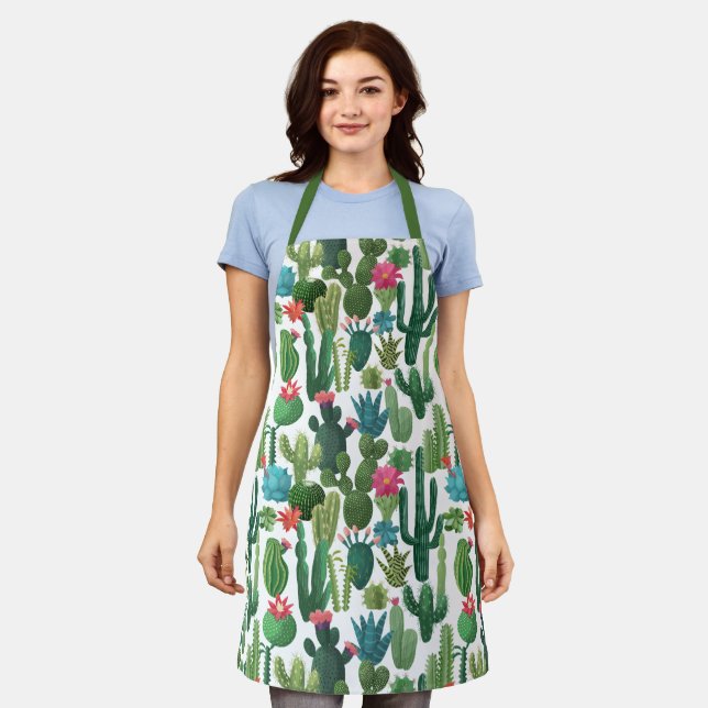 Green Teal Blooming Cacti Pattern Apron (Worn)