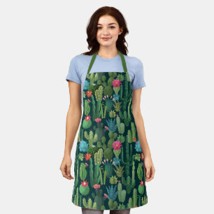 Green Teal Blooming Cacti Pattern Apron