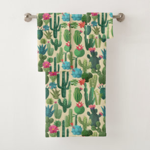 Green Teal Blooming Cacti Pattern Bath Towel Set