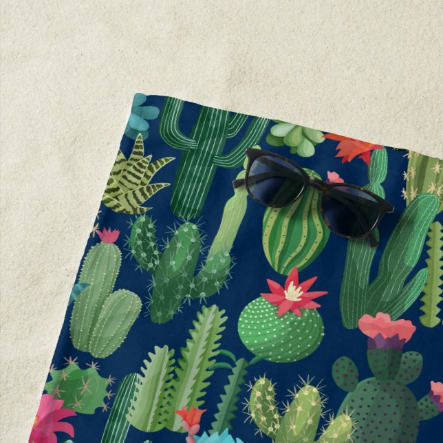 Green Teal Blooming Cacti Pattern Beach Towel (In Situ)