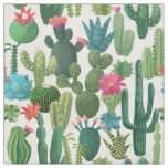 Green Teal Blooming Cacti Pattern Fabric