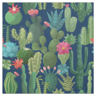 Green Teal Blooming Cacti Pattern Fabric