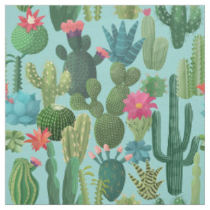 Green Teal Blooming Cacti Pattern Fabric