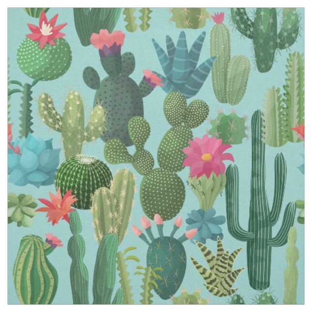 Green Teal Blooming Cacti Pattern Fabric (Swatch)