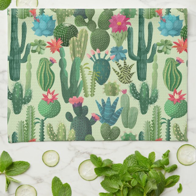 Green Teal Blooming Cacti Pattern Kitchen Towel (Folded)