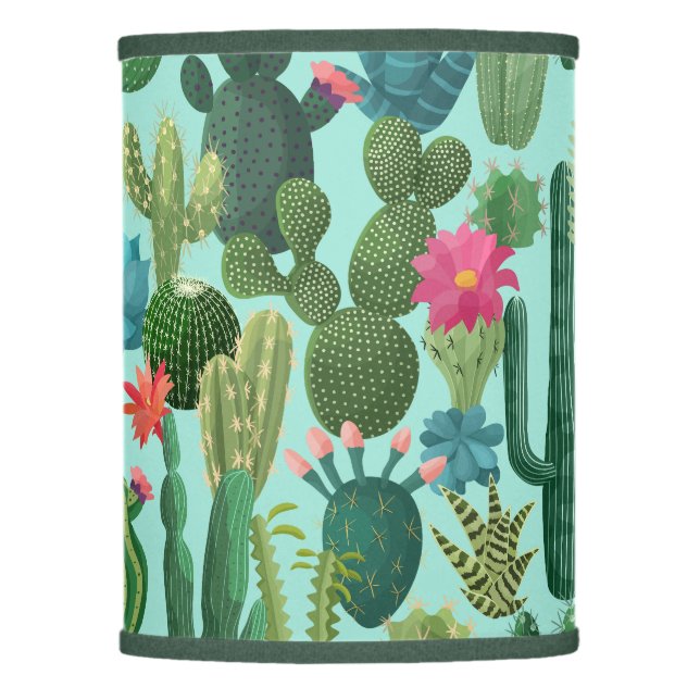 Green Teal Blooming Cacti Pattern Lamp Shade (Front)