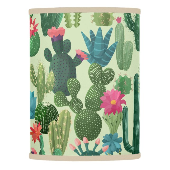 Green Teal Blooming Cacti Pattern Lamp Shade (Front)