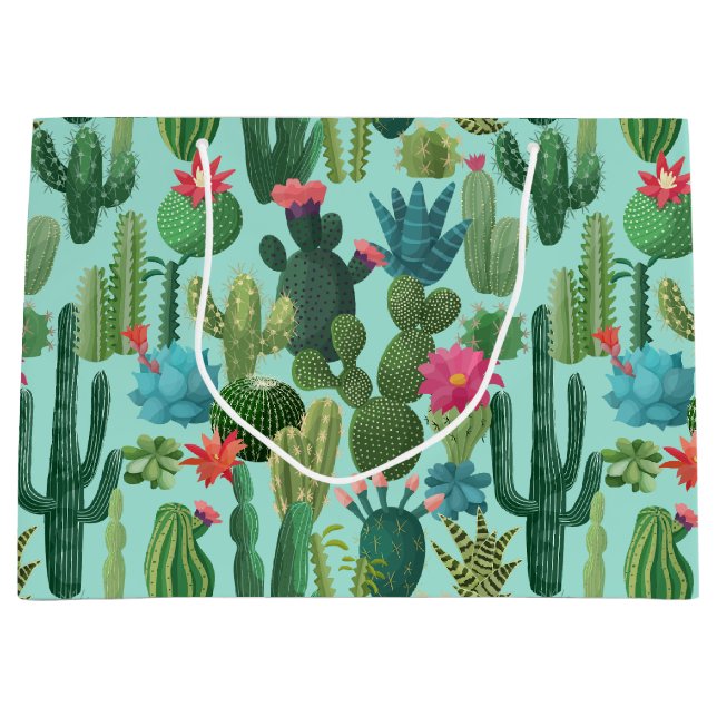 Green Teal Blooming Cacti Pattern Large Gift Bag (Front)