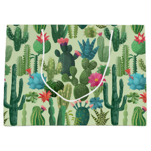 Green Teal Blooming Cacti Pattern Large Gift Bag