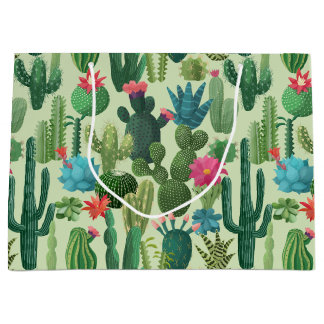 Green Teal Blooming Cacti Pattern Large Gift Bag