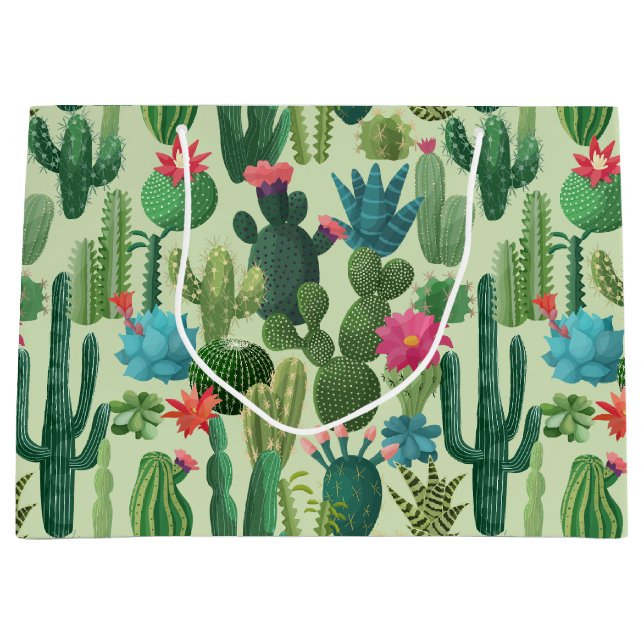Green Teal Blooming Cacti Pattern Large Gift Bag (Front)