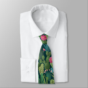 Green Teal Blooming Cacti Pattern Neck Tie