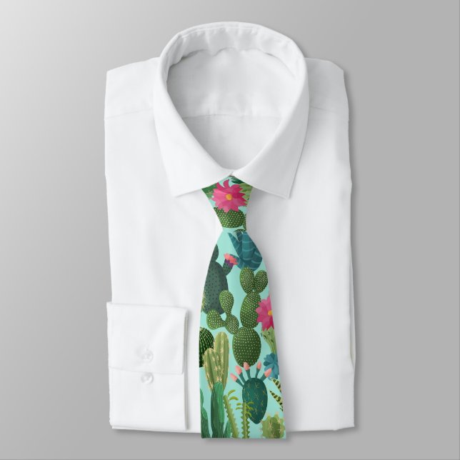 Green Teal Blooming Cacti Pattern Neck Tie (Tied)