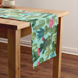 Green Teal Blooming Cacti Pattern Short Table Runner