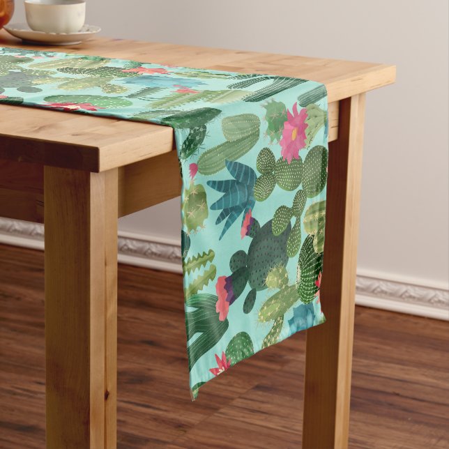 Green Teal Blooming Cacti Pattern Short Table Runner (In Situ)