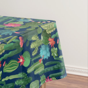 Green Teal Blooming Cacti Pattern Tablecloth