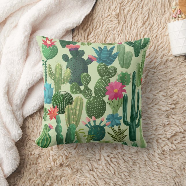 Green Teal Blooming Cacti Pattern Throw Pillow (Blanket)
