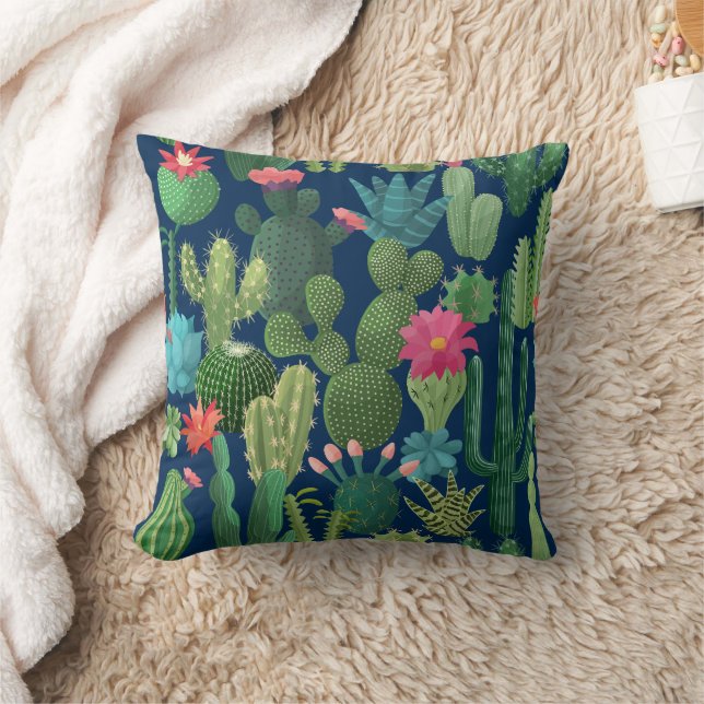 Green Teal Blooming Cacti Pattern Throw Pillow (Blanket)